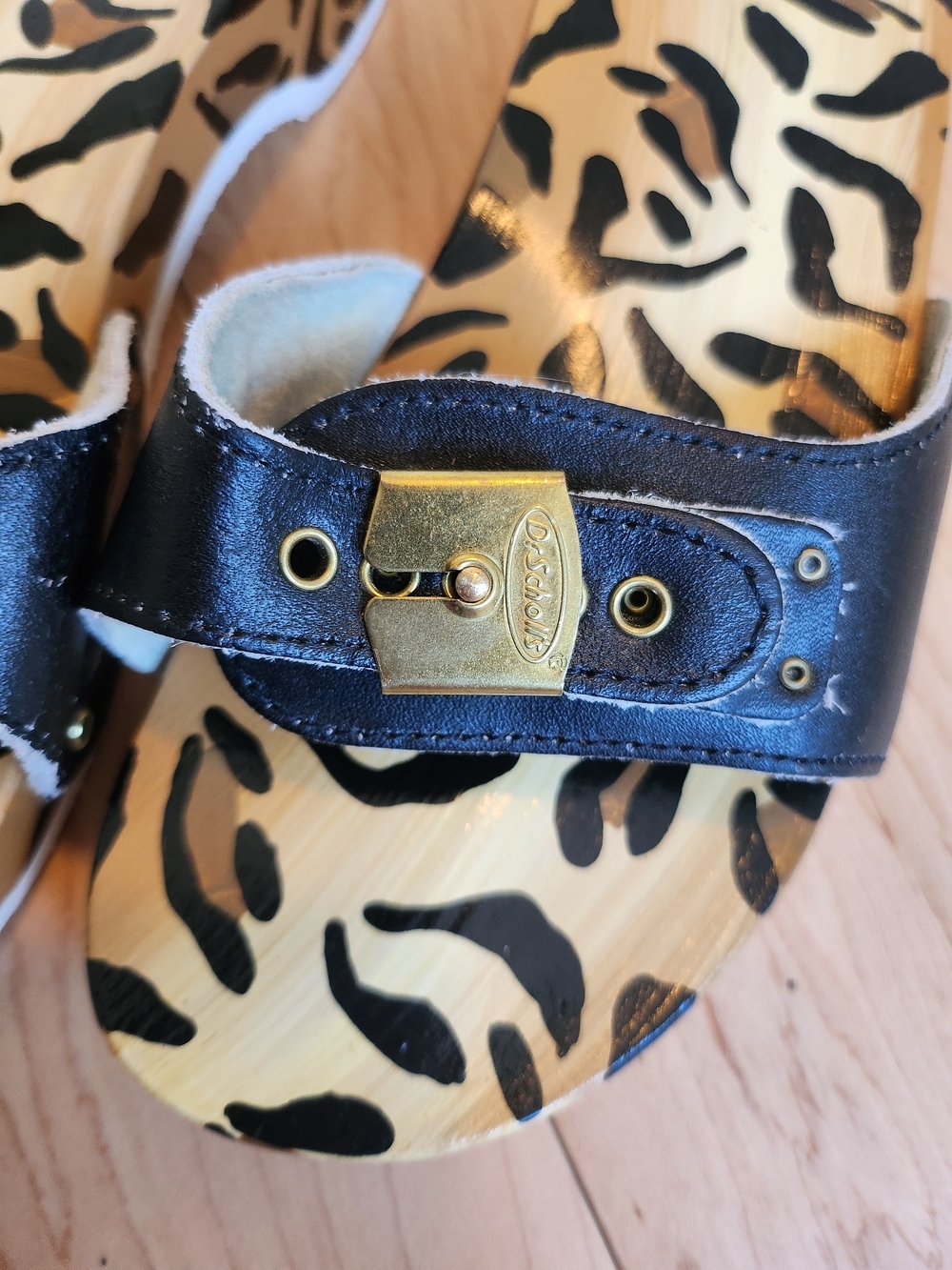 "Rare" Dr.Scholls Original Leopard Printed Wooden Sole Black Buckle Slides US 8 - Picture 4 of 6